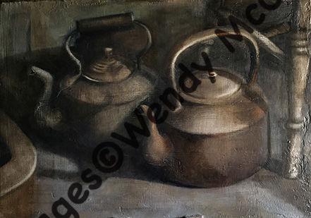 Oil painting on plastered board of 2 huge old copper kettles in an empty house.