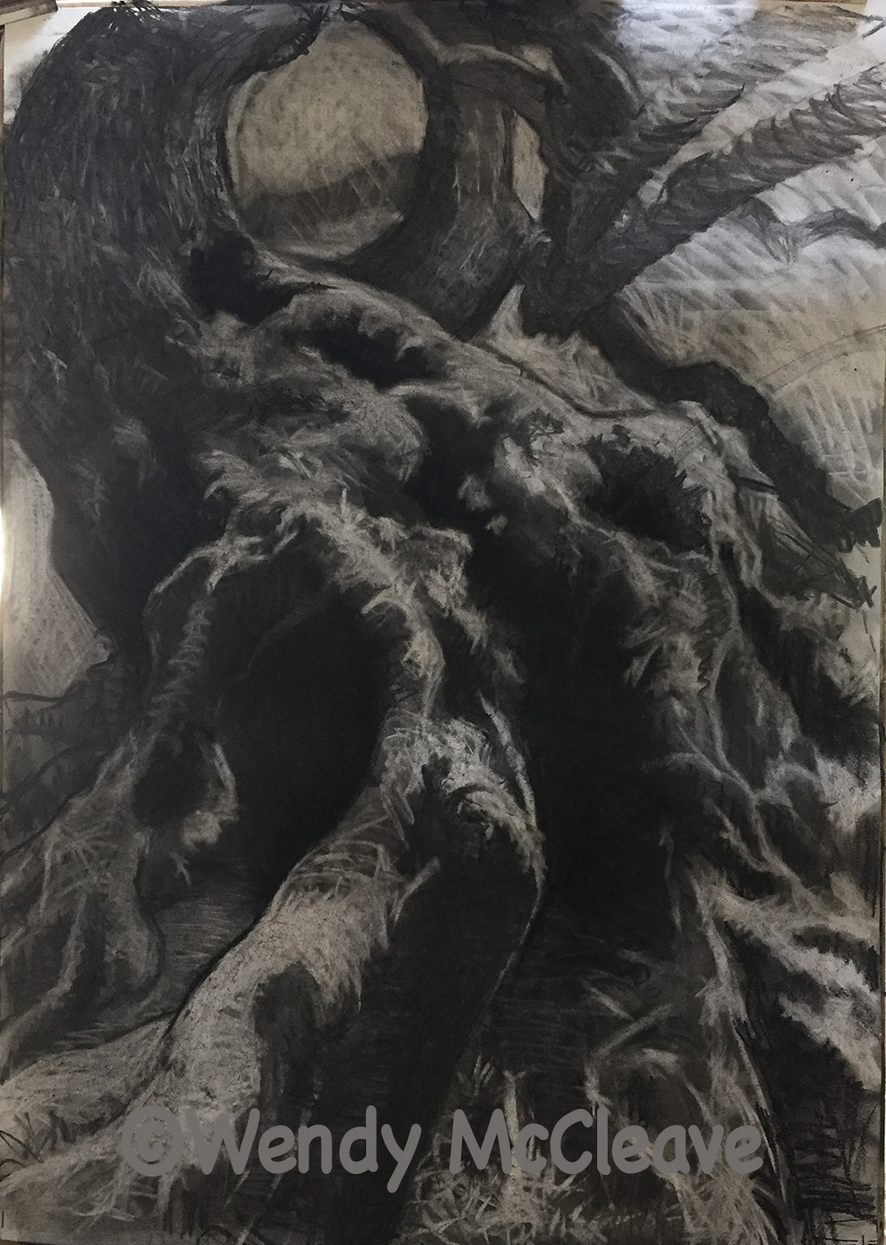 Charcoal drawing of the rough trunk of an ancient willow