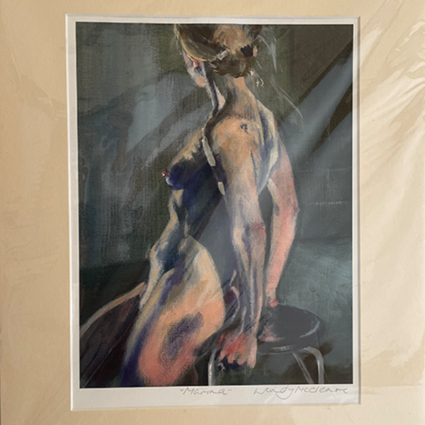 Mounted print of a life model perching on a stool against a dark green background