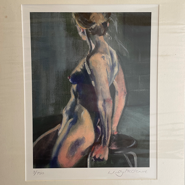 Mounted print of a life model perching on a stool against a dark green background