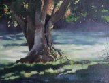 Morning Water-based oil painting on canvas of a lone willow tree on a slightly misty early morning.