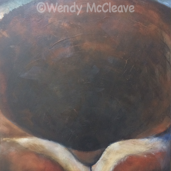 Acrylic painting on prepared canvas of close up of top of terracotta jug looking in