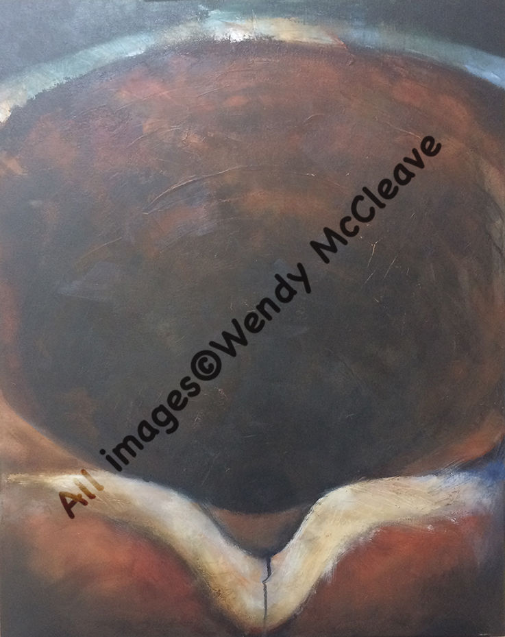 Acrylic painting on prepared canvas of close up of top of terracotta jug looking in