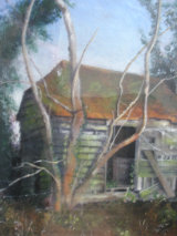 Nettie's Shed. SOLD Mixed media painting on collaged paper of an old shed near my cousin's garden in Highclere, Newbury