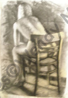 Charcoal and pastel life study of a model sitting on a chair facing away from me.