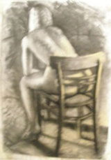 Life Study Charcoal and pastel life study of a model sitting on a chair facing away from me.