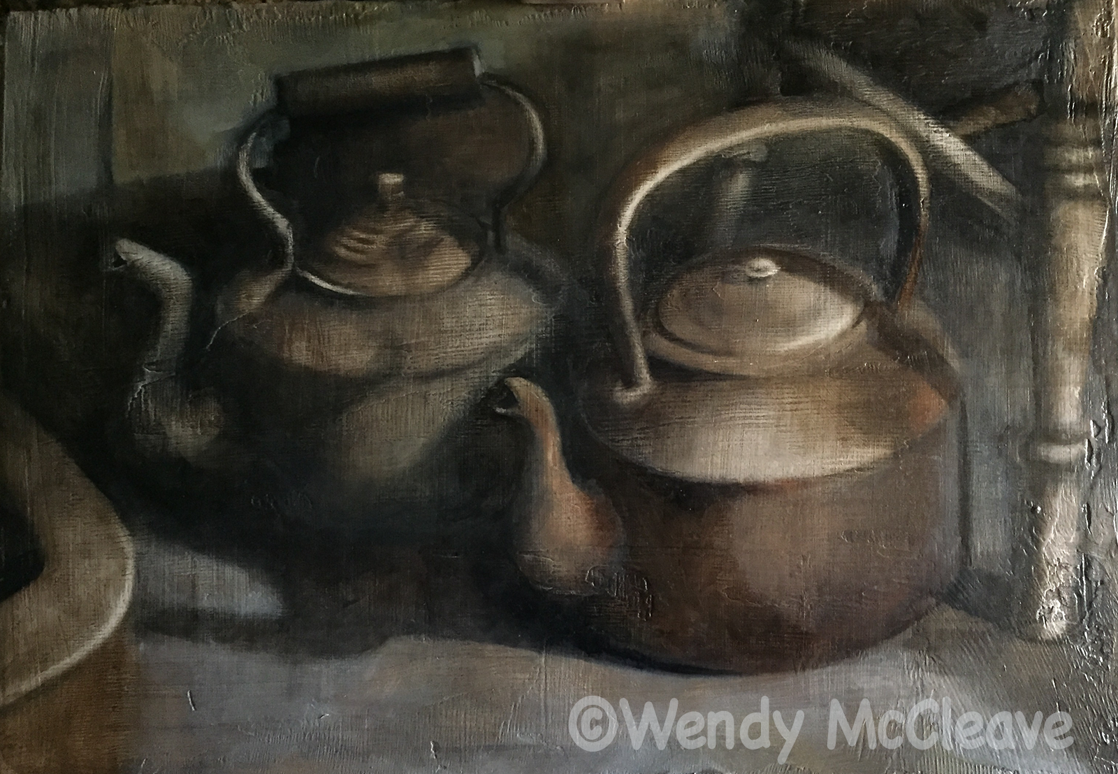 Oil painting on plastered board of 2 huge old copper kettles in an empty house.