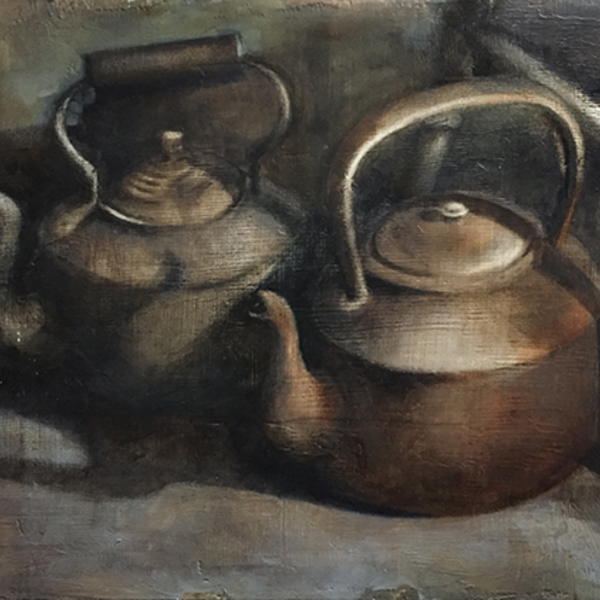 Oil painting of 2 huge old copper kettles sis by side in an empty house.