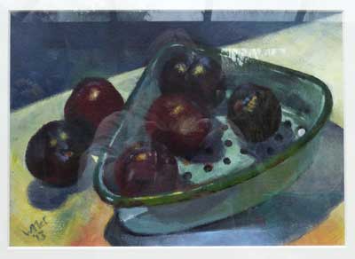 Still life of plums in an old drainer. Acrylic painting on prepared paper.