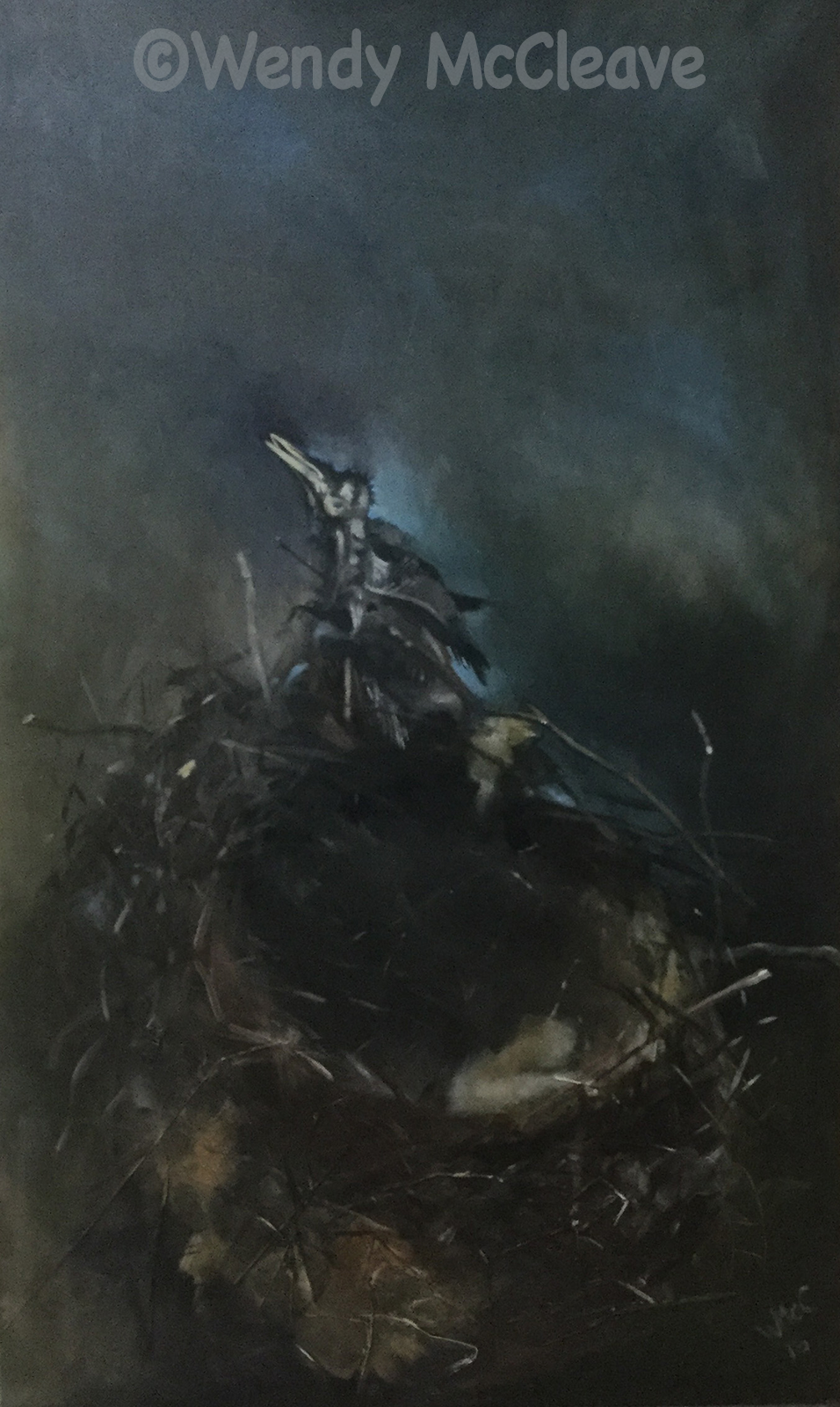 Painting on canvas of a corvid's nest with the fossilised remains of a young bird welded to the edge.