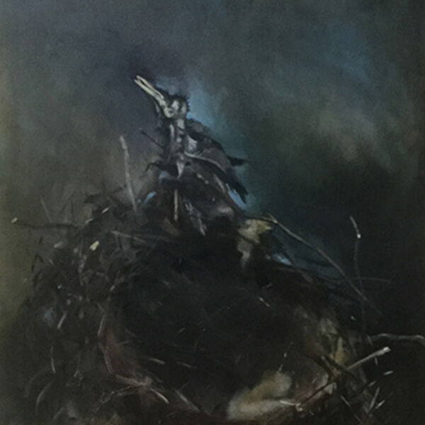 Painting on canvas of a corvid's nest with the fossilised remains of a young bird welded to the edge.