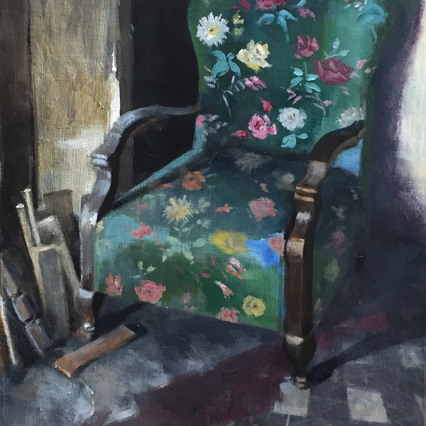Acrylic on prepared paper. Investigative painting of a patterned chair abandoned in the corner of a room in an empty house.