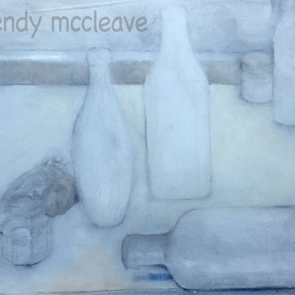 Low key colour, mixed media still life of group of old bottles and Buddha head on prepared paper