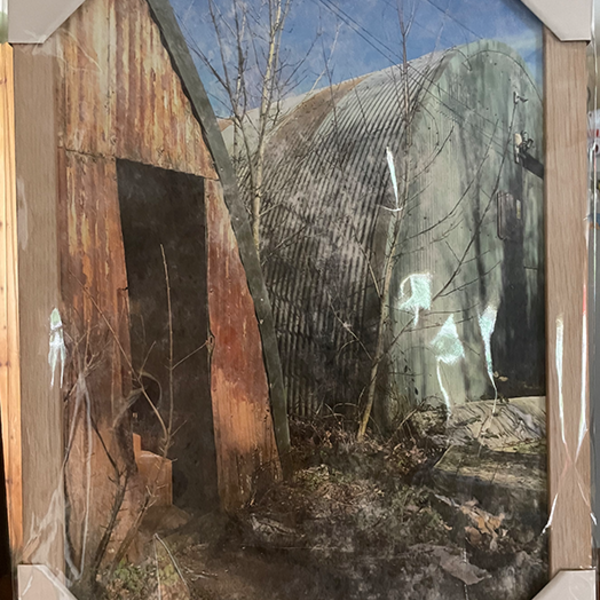 Framed colour print of old Romney Huts on the Rotherwas Estate