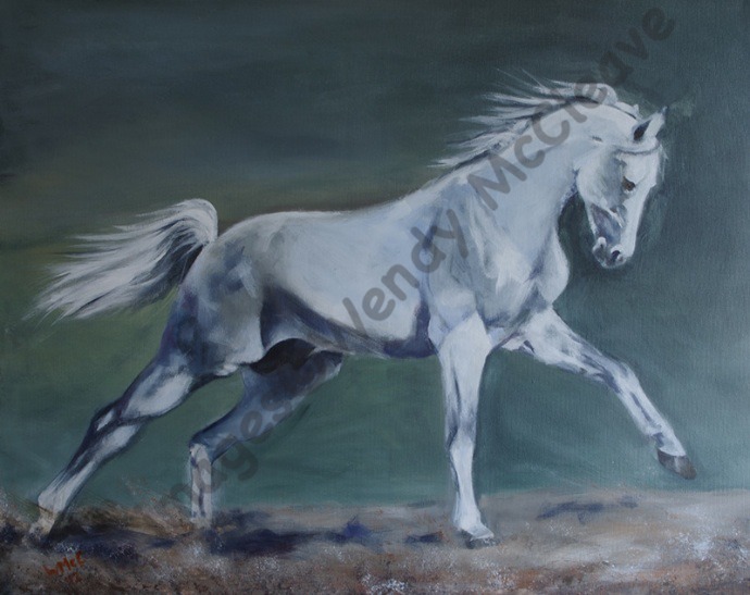 Large acrylic painting on canvas of a running grey horse against a green background