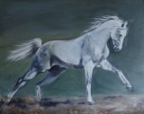Running Horse Large acrylic painting on canvas of a running grey horse against a green background