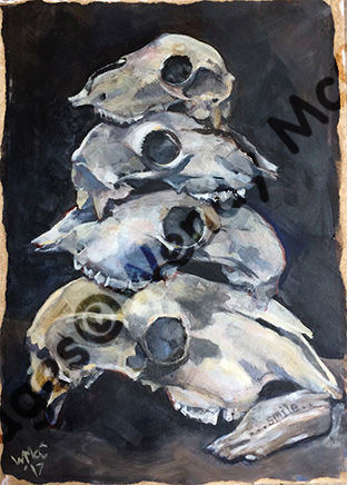 Acrylic on prepared paper of a pyramid of sheep skulls and a small piece of driftwood with 'Smile' burned onto it.