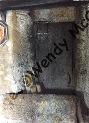 Charcoal, pastel and chalk on prepared paper. A corner of a room in an empty house. An ornate sofa in front of a recessed wooden door.