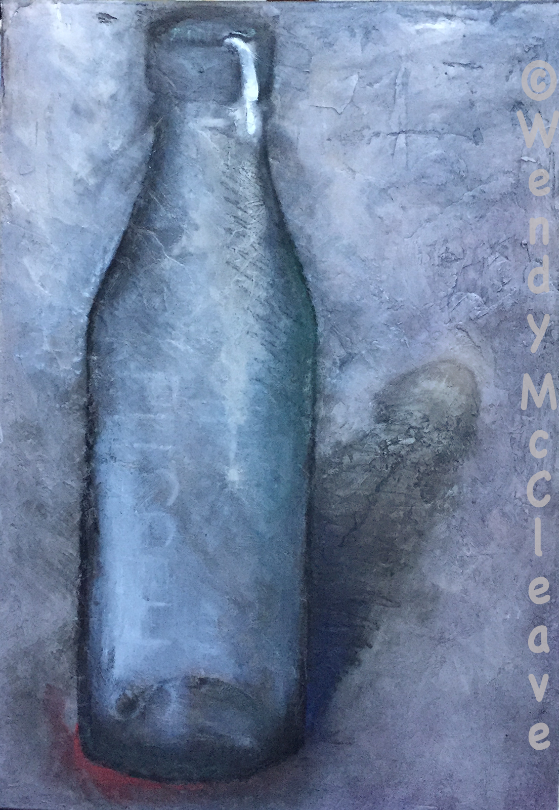 Mixed media still life painting of antique green glass bottle