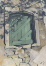 The Green Shutter Acrylic painting on prepared paper of a lovely old green shutter set high up on the crumbing wall of the then deserted and dilapidated Old Button Factory in Rode, Frome