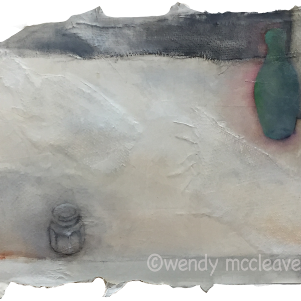 Mixed media still life painting of small jar isolated in foreground from group of old bottles in background