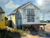 The Tin Beach Hut (GIFTED) Acrylic painting on prepared paper of the tin beach hut at Mudeford Sandbank Spit