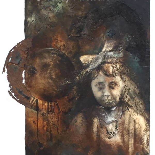 Mixed media painting on plastered board of an ancient portrait with added lace, imprints and rusty metal.