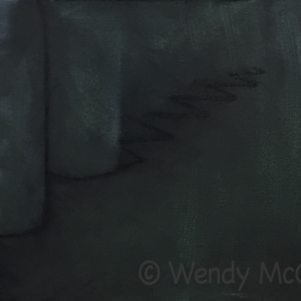 Dark painting of old bottles with some light behind far distant jar