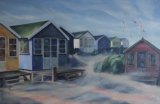Windy Day on the Spit Large acrylic painting with added metallic paint on canvas of beach huts on Mudeford Sandbank Spit in strong wind