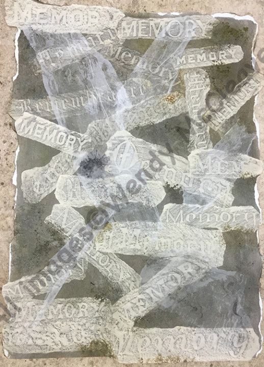 Mixed media work of graphite rubbings taken from gravestones and collaged onto charcoaled paper