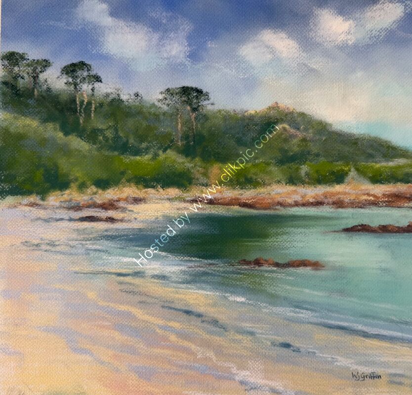 Portelet Beach pastel painting en plein air