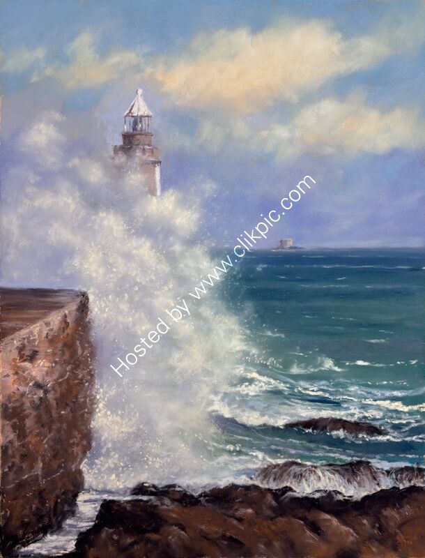 St Peter Port lighthouse in the storm