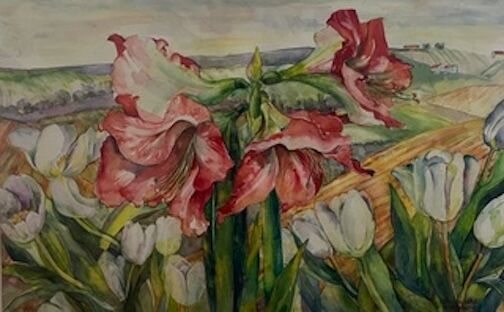 MARGARETHA SHEPHERD –&nbsp;Amaryllis and White Tulips