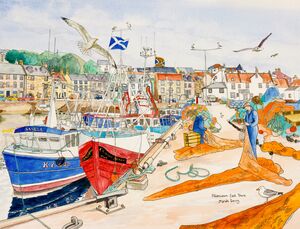 Framed Original Watercolour 'Repairing the Nets at Pittenweem Harbour'
