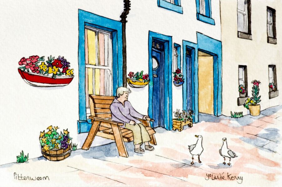 Original Watercolour 'Pittenweem Flower Boats Cottage' with Display Easel.. £45