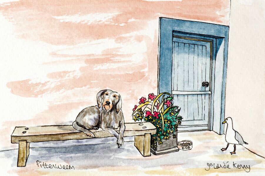 Original Watercolour 'Whose is this dinner at this Pittenweem cottage?' with Display Easel