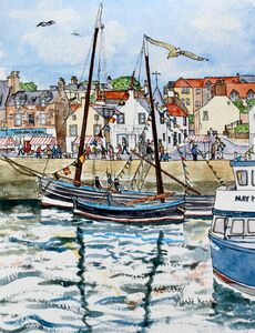 Framed Original Watercolour 'Anstruther Harbour Festival with Herring Boats'