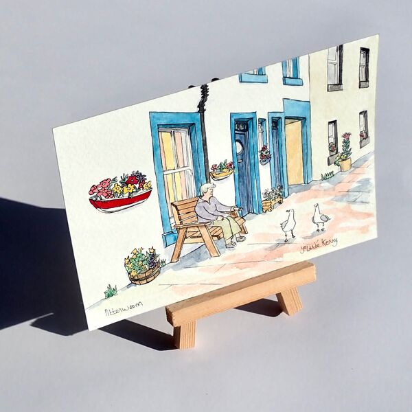 Original Watercolour 'Pittenweem Flower Boats Cottage' with Display Easel 2