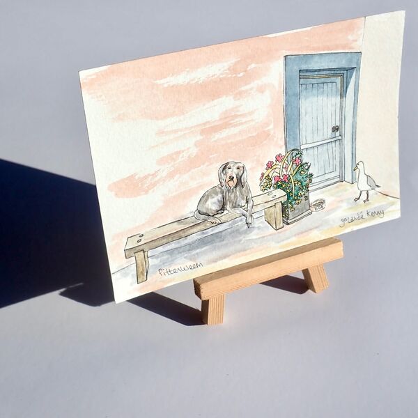 Original Watercolour 'Whose is this dinner at this Pittenweem cottage?' 2 with Display Easel