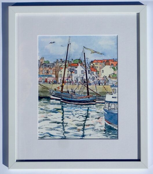 Framed Original Watercolour 'Anstruther Harbour Festival with Herring Boats' Framed
