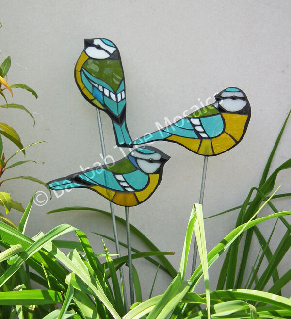 glass mosaic blue tit garden stake