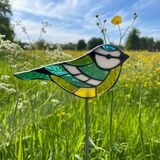 glass mosaic blue tit garden stake