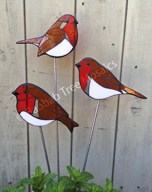 glass mosaic robin garden stakes