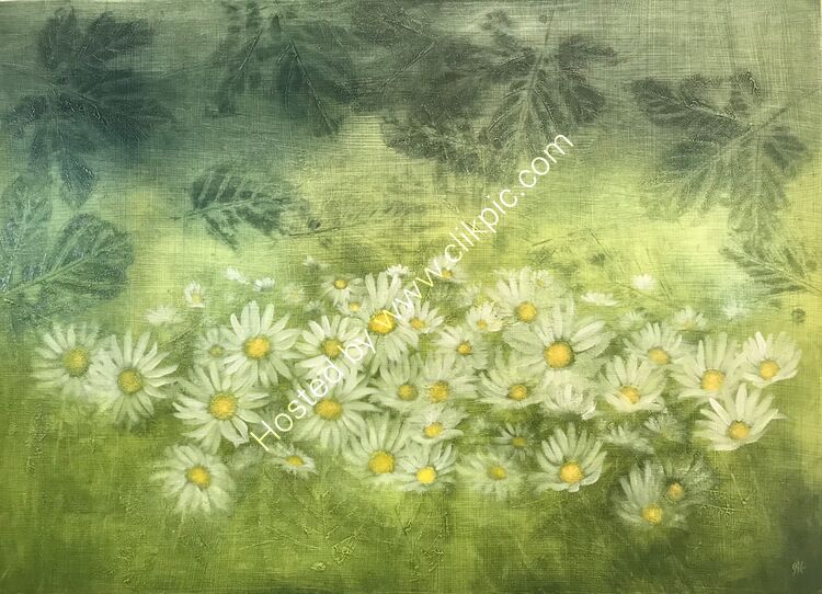 Moon Daisies. Oil on panel. 59cm x 42cm. Available from Aberfeldy Gallery.